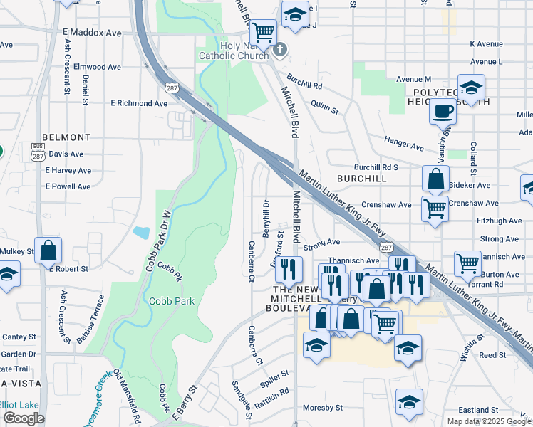 map of restaurants, bars, coffee shops, grocery stores, and more near 2820 Mitchell Boulevard in Fort Worth