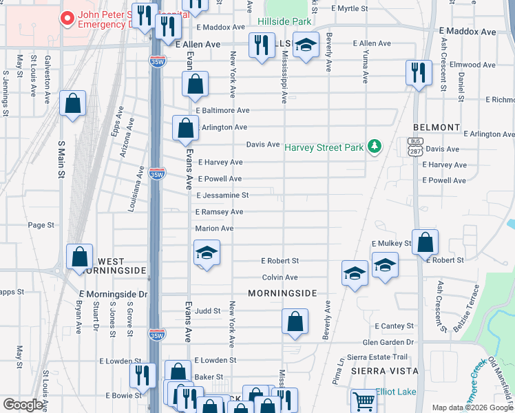 map of restaurants, bars, coffee shops, grocery stores, and more near 1036 East Jessamine Street in Fort Worth