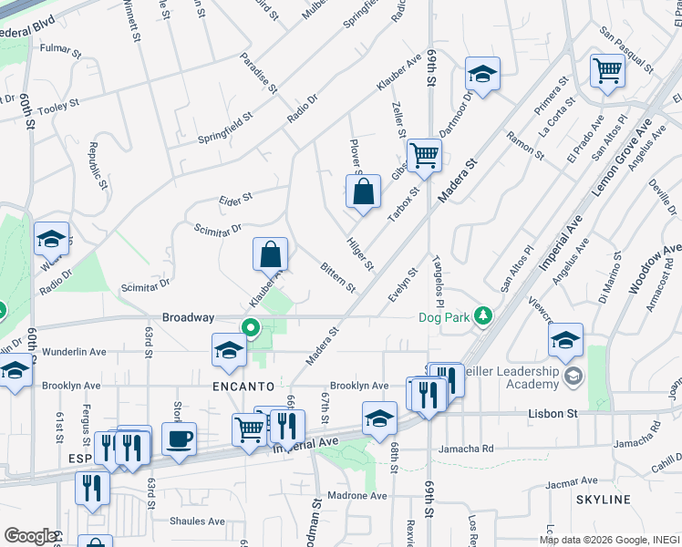 map of restaurants, bars, coffee shops, grocery stores, and more near 1170 Bittern Street in San Diego