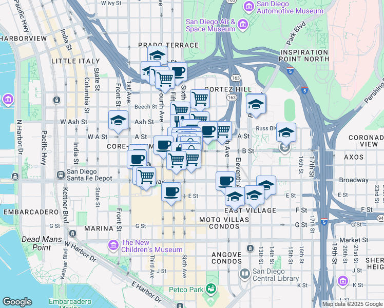 map of restaurants, bars, coffee shops, grocery stores, and more near 1203 Sixth Avenue in San Diego