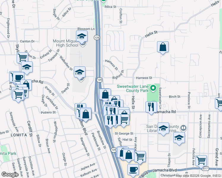 map of restaurants, bars, coffee shops, grocery stores, and more near 8644 Spring Vista Way in Spring Valley