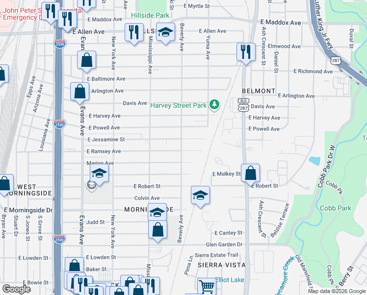 map of restaurants, bars, coffee shops, grocery stores, and more near 1302 East Jessamine Street in Fort Worth
