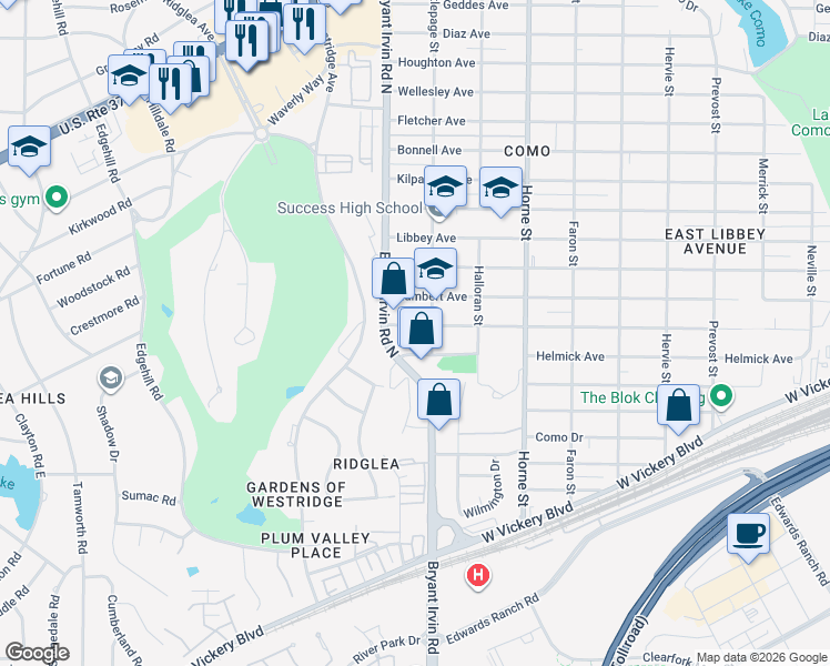 map of restaurants, bars, coffee shops, grocery stores, and more near 4311 Bryant Irvin Road North in Fort Worth