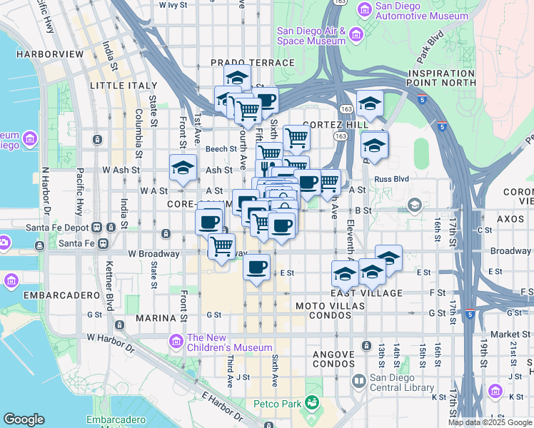 map of restaurants, bars, coffee shops, grocery stores, and more near 1203 Sixth Avenue in San Diego