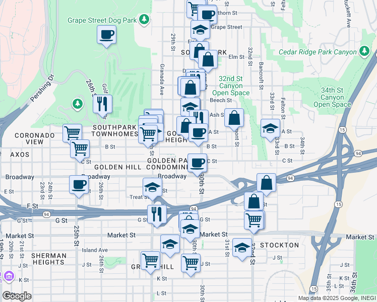 map of restaurants, bars, coffee shops, grocery stores, and more near 2945 B Street in San Diego