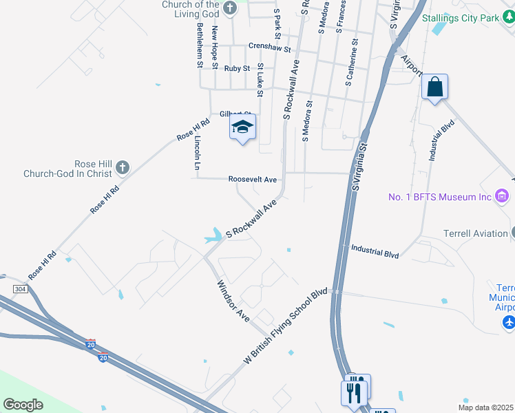 map of restaurants, bars, coffee shops, grocery stores, and more near 102 Kennedy Drive in Terrell