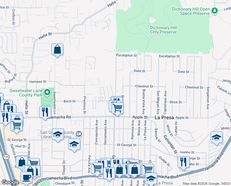 map of restaurants, bars, coffee shops, grocery stores, and more near 1311 Grand Avenue in Spring Valley