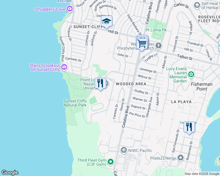 map of restaurants, bars, coffee shops, grocery stores, and more near in San Diego