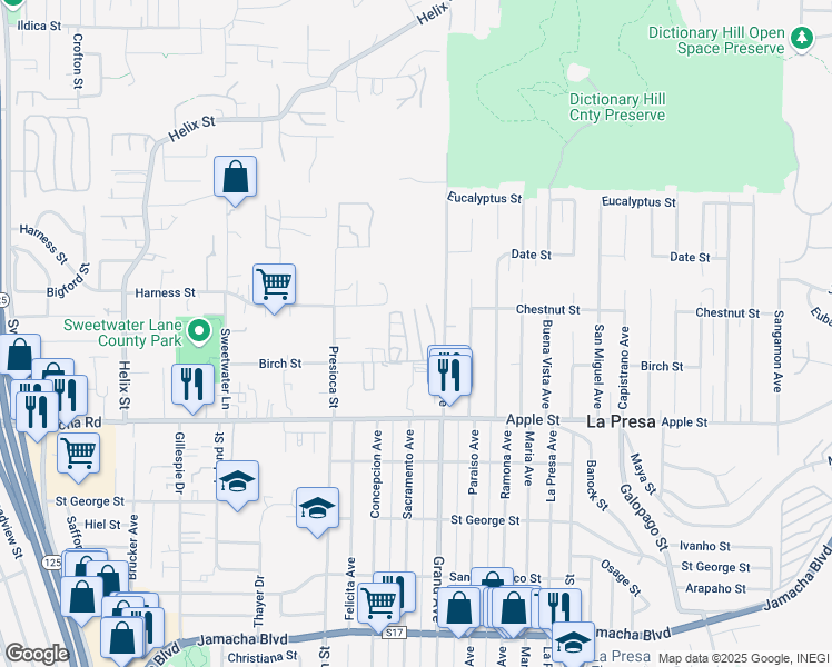 map of restaurants, bars, coffee shops, grocery stores, and more near 1200 Grand Avenue in Spring Valley
