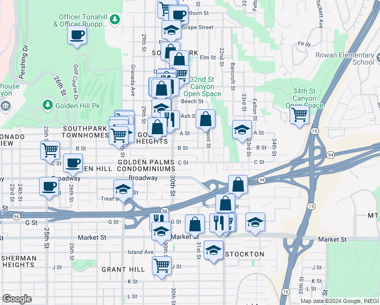 map of restaurants, bars, coffee shops, grocery stores, and more near 3065-69 B Street in San Diego