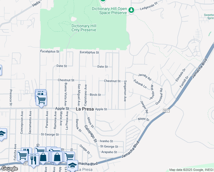 map of restaurants, bars, coffee shops, grocery stores, and more near 1307 La Mesa Avenue in Spring Valley