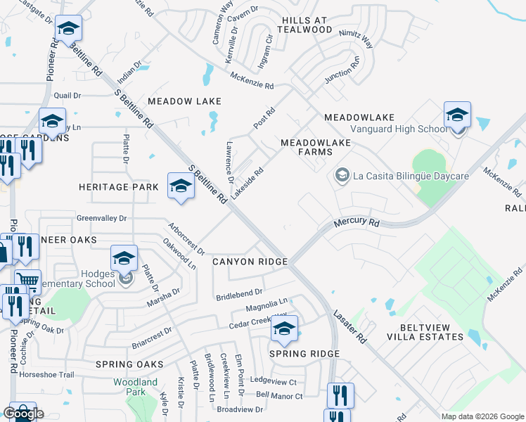 map of restaurants, bars, coffee shops, grocery stores, and more near 3811 South Bryan-Belt Line Road in Mesquite