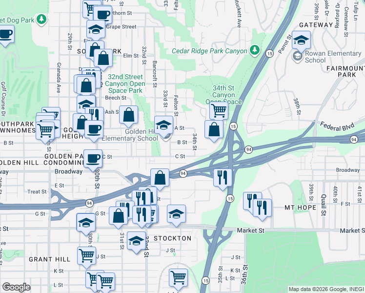 map of restaurants, bars, coffee shops, grocery stores, and more near 3377 B Street in San Diego