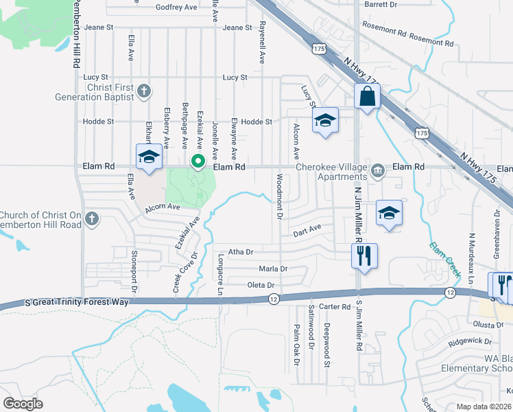 map of restaurants, bars, coffee shops, grocery stores, and more near 6640 Elam Road in Dallas