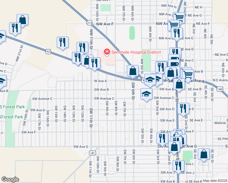 map of restaurants, bars, coffee shops, grocery stores, and more near 800-808 Southwest Ave B in Seminole