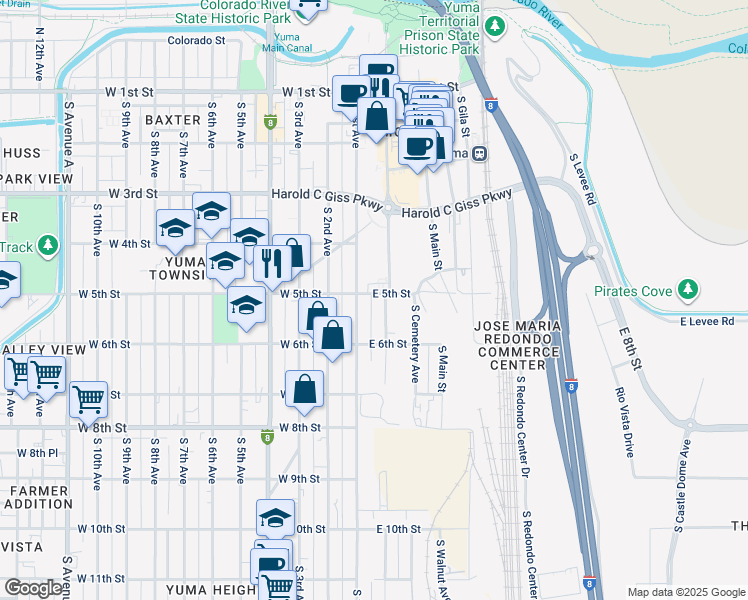 map of restaurants, bars, coffee shops, grocery stores, and more near 186-198 East 5th Street in Yuma
