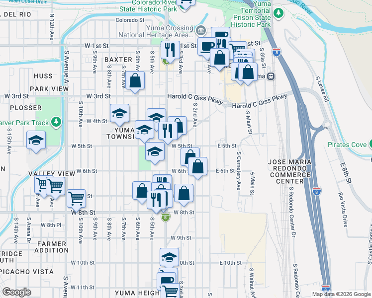 map of restaurants, bars, coffee shops, grocery stores, and more near 242 West 5th Street in Yuma
