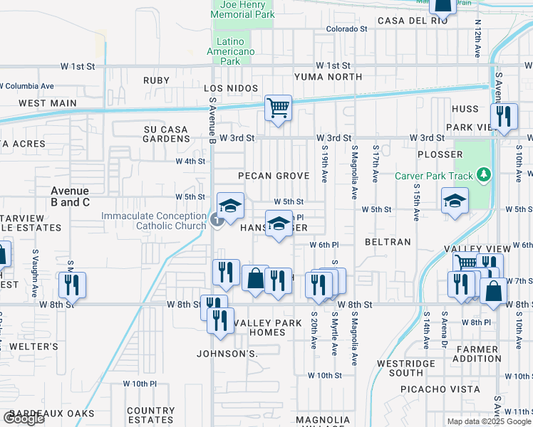 map of restaurants, bars, coffee shops, grocery stores, and more near 2109 West 5th Street in Yuma