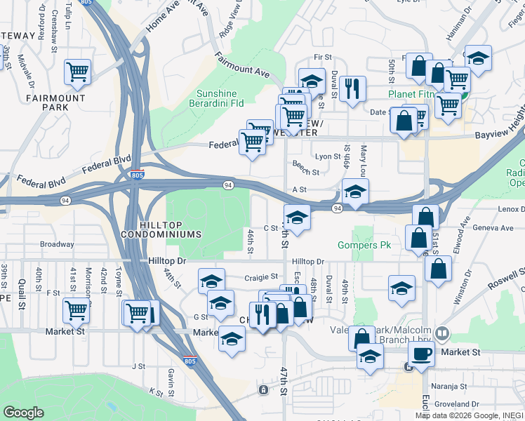 map of restaurants, bars, coffee shops, grocery stores, and more near 1235 Cotton Street in San Diego