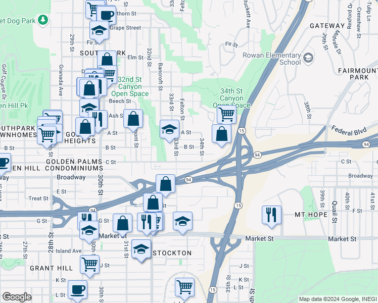 map of restaurants, bars, coffee shops, grocery stores, and more near 3377 B Street in San Diego