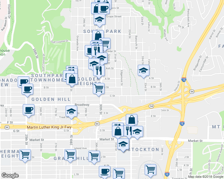 map of restaurants, bars, coffee shops, grocery stores, and more near 3089 B Street in San Diego