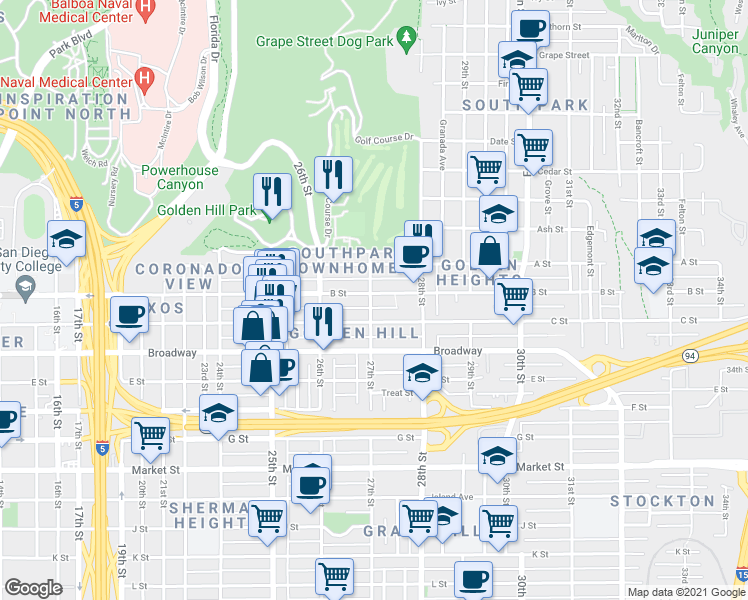 map of restaurants, bars, coffee shops, grocery stores, and more near 2672 B Street in San Diego