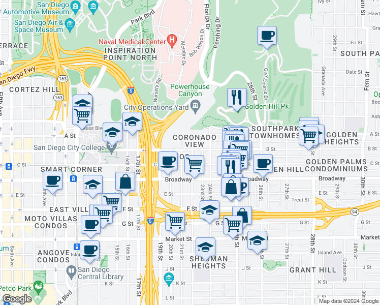 map of restaurants, bars, coffee shops, grocery stores, and more near 2208 B Street in San Diego