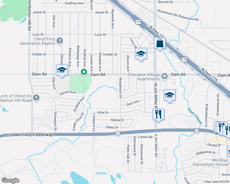 map of restaurants, bars, coffee shops, grocery stores, and more near 6640 Elam Road in Dallas