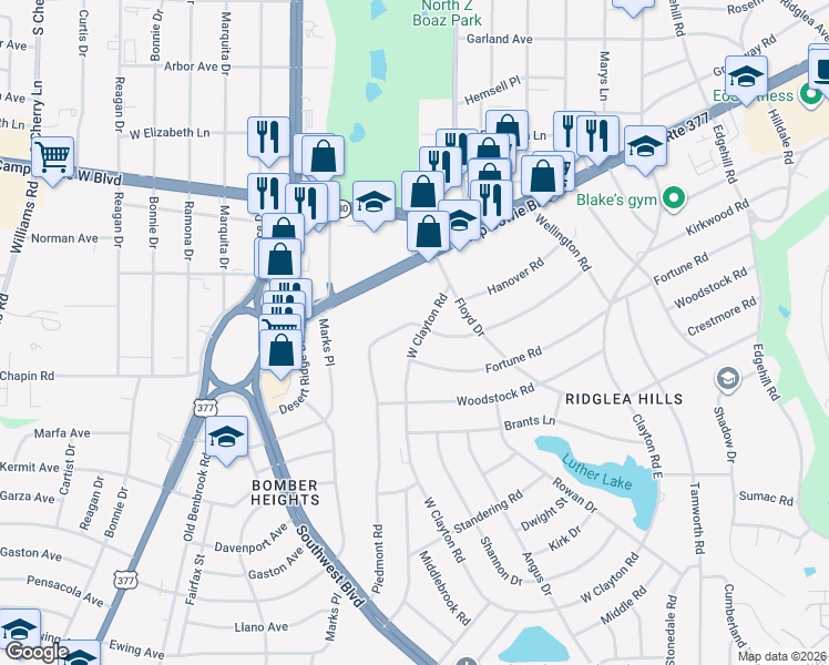 map of restaurants, bars, coffee shops, grocery stores, and more near 6912 Kirkwood Road in Fort Worth
