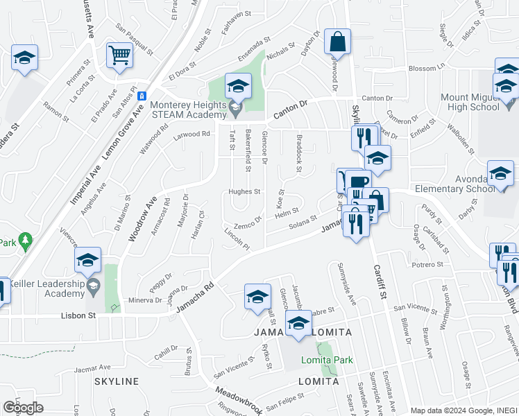 map of restaurants, bars, coffee shops, grocery stores, and more near 1324 Glencoe Drive in Lemon Grove