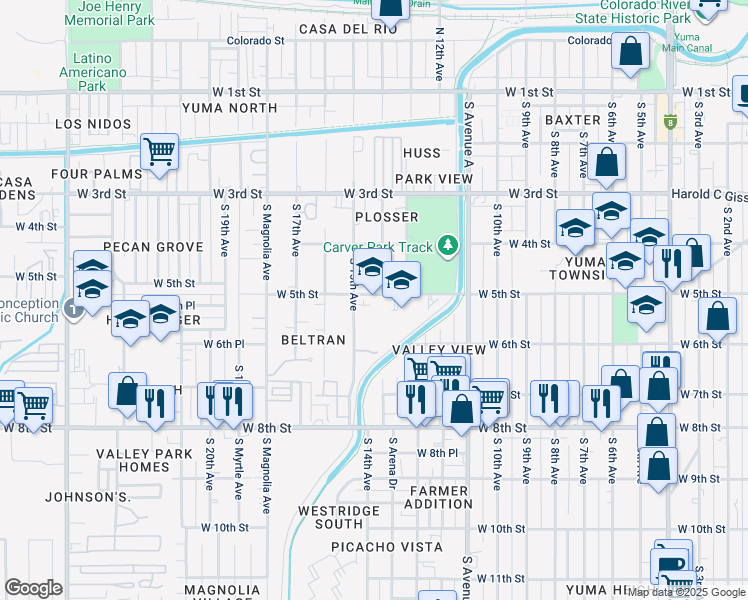 map of restaurants, bars, coffee shops, grocery stores, and more near 1341 West 5th Street in Yuma