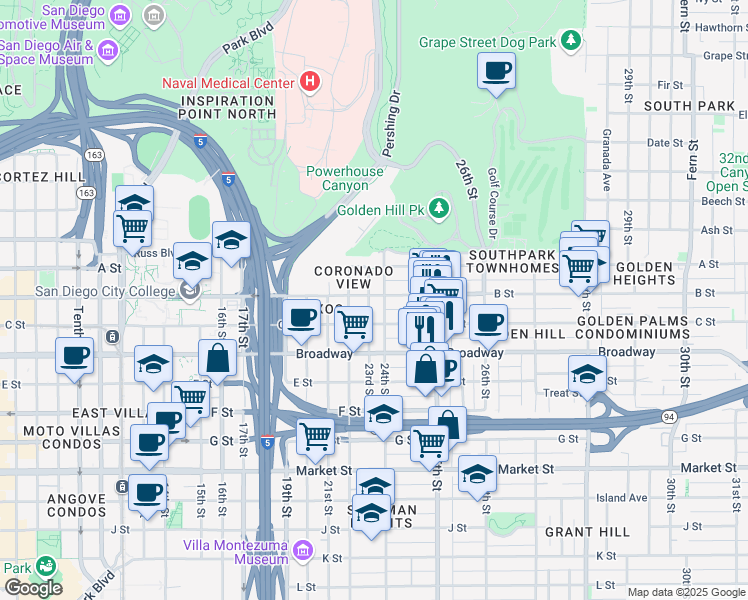 map of restaurants, bars, coffee shops, grocery stores, and more near 1169 23rd Street in San Diego