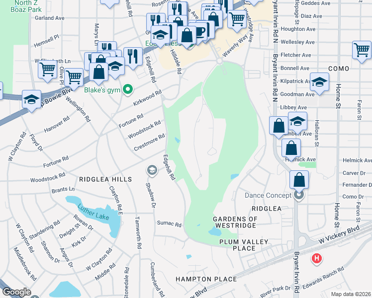 map of restaurants, bars, coffee shops, grocery stores, and more near 4401 Ridgehaven Road in Fort Worth