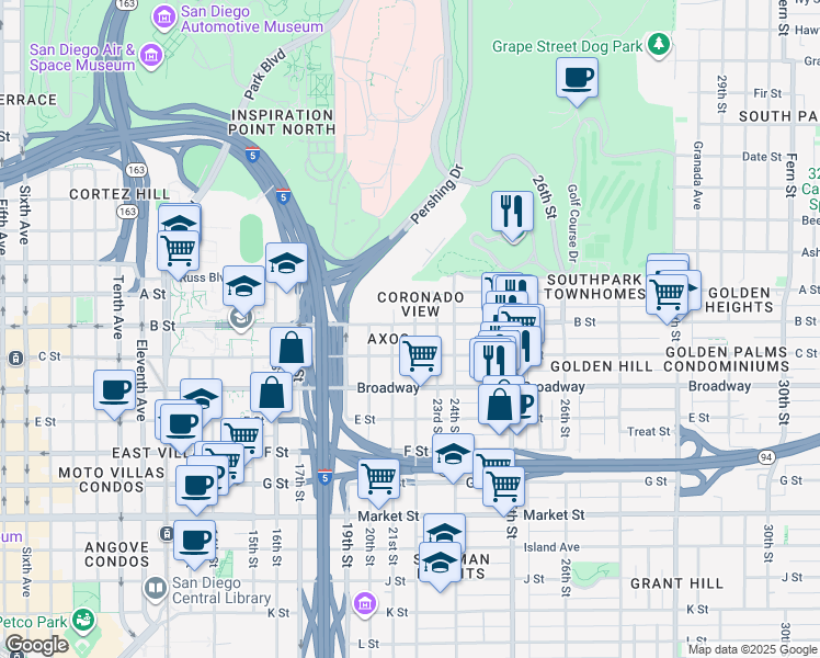 map of restaurants, bars, coffee shops, grocery stores, and more near 2208 B Street in San Diego