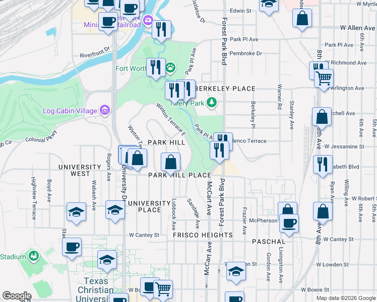 map of restaurants, bars, coffee shops, grocery stores, and more near 2428 Winton Terrace East in Fort Worth