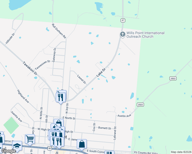 map of restaurants, bars, coffee shops, grocery stores, and more near 567 Lake Drive in Wills Point