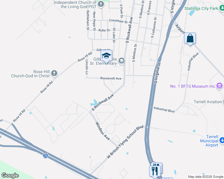 map of restaurants, bars, coffee shops, grocery stores, and more near 112 Roosevelt Court in Terrell