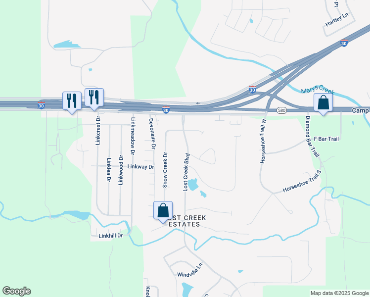 map of restaurants, bars, coffee shops, grocery stores, and more near 3717 Lost Creek Boulevard in Aledo