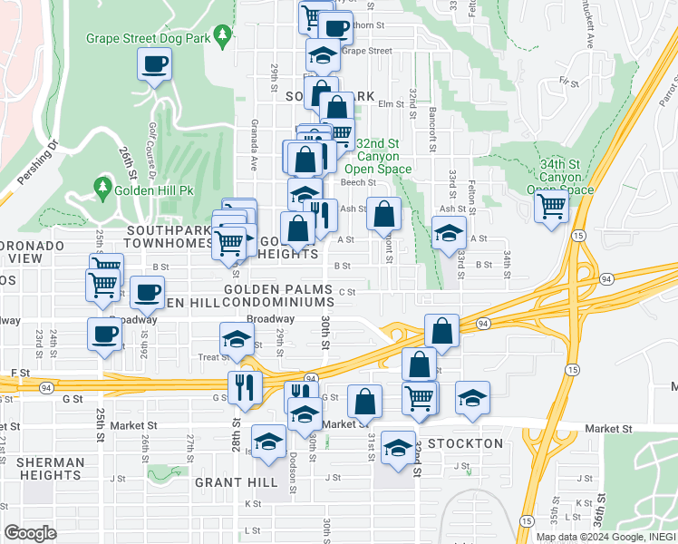 map of restaurants, bars, coffee shops, grocery stores, and more near 3025 B Street in San Diego