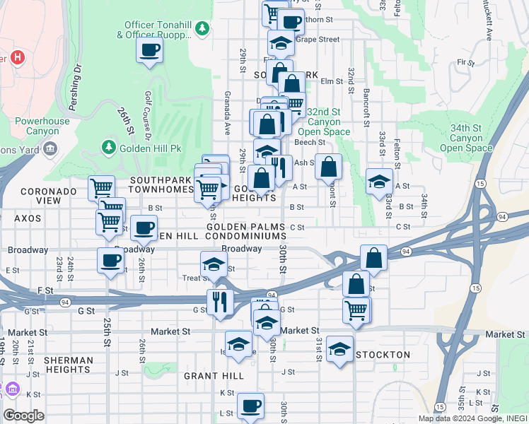map of restaurants, bars, coffee shops, grocery stores, and more near 2945 B Street in San Diego