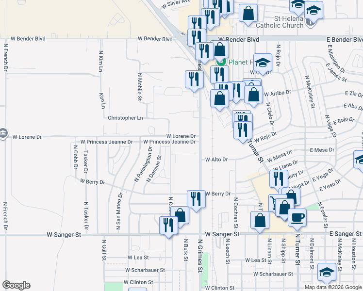 map of restaurants, bars, coffee shops, grocery stores, and more near 817-901 West Princess Jeanne Drive in Hobbs