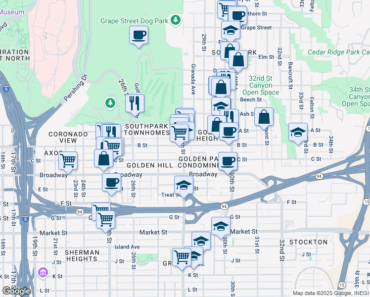 map of restaurants, bars, coffee shops, grocery stores, and more near 1151 28th Street in San Diego