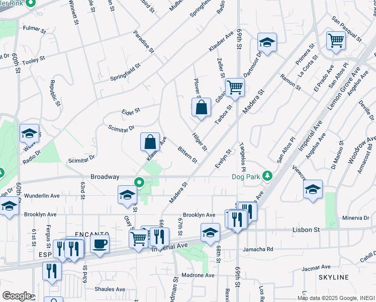 map of restaurants, bars, coffee shops, grocery stores, and more near 1172 Bittern Street in San Diego