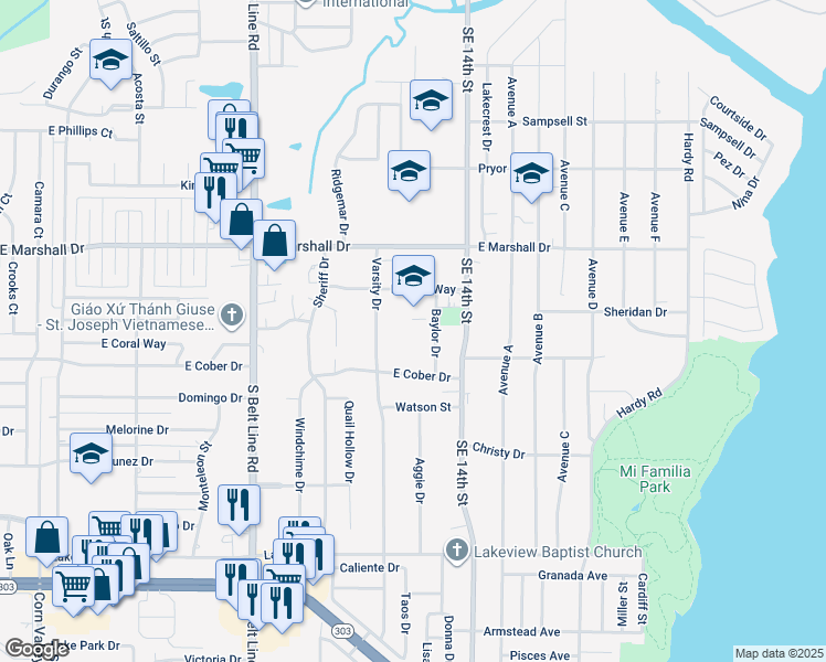 map of restaurants, bars, coffee shops, grocery stores, and more near 1301 East Coral Way in Grand Prairie