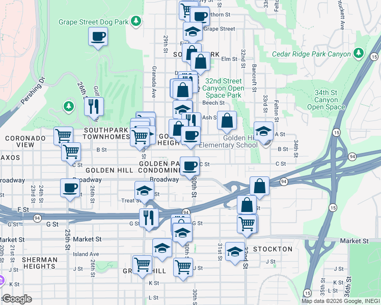 map of restaurants, bars, coffee shops, grocery stores, and more near 2995 B Street in San Diego
