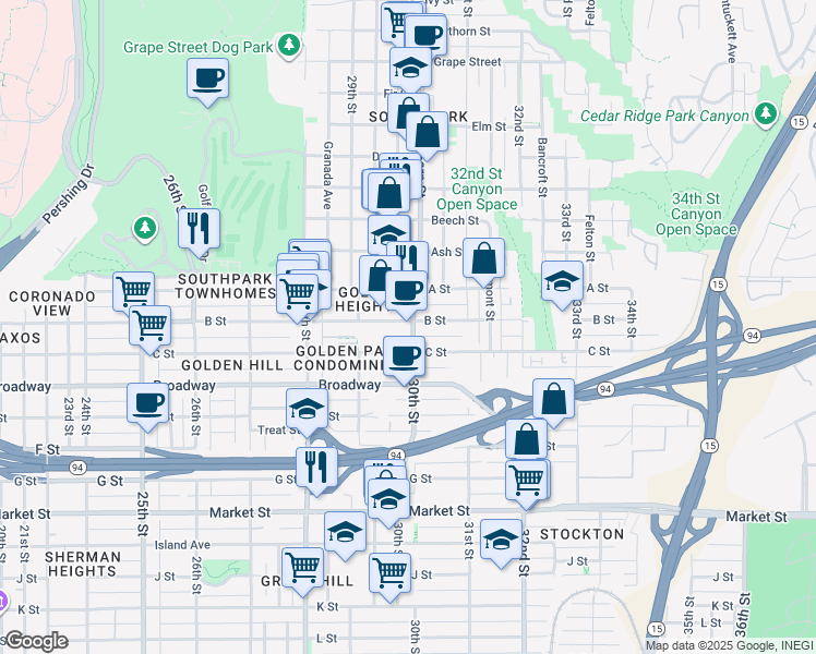 map of restaurants, bars, coffee shops, grocery stores, and more near 2999 B Street in San Diego