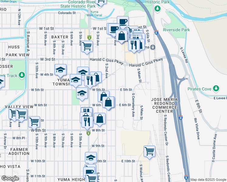 map of restaurants, bars, coffee shops, grocery stores, and more near 502 South 1st Avenue in Yuma