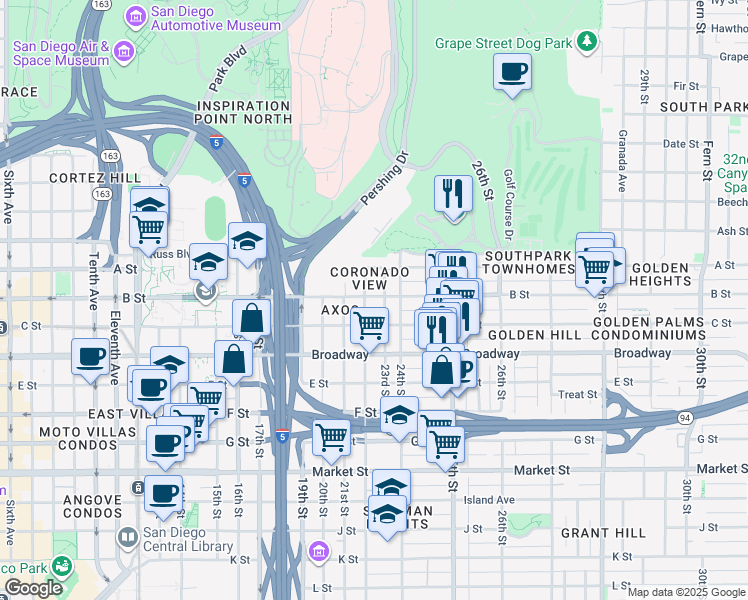 map of restaurants, bars, coffee shops, grocery stores, and more near 2209 B Street in San Diego