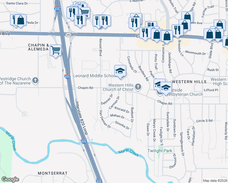 map of restaurants, bars, coffee shops, grocery stores, and more near 3801 Delmas Drive in Benbrook