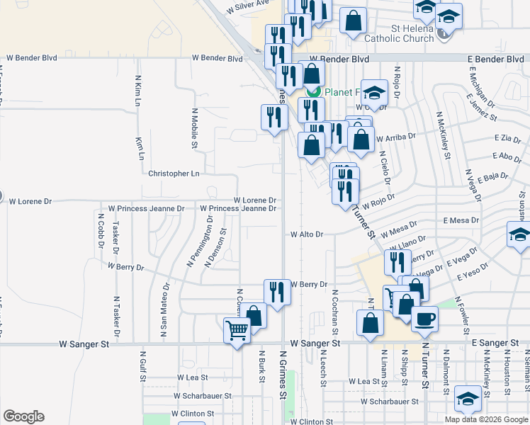 map of restaurants, bars, coffee shops, grocery stores, and more near 817 West Princess Jeanne Drive in Hobbs